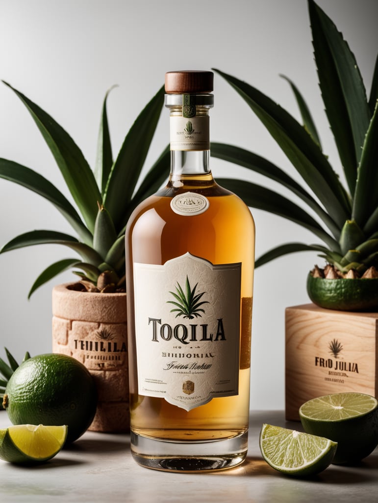 Packaging and branding for a tequila brand as if it had been designed by HI ESTUDIO with In a set design with bricks, aloe and dry leaves.