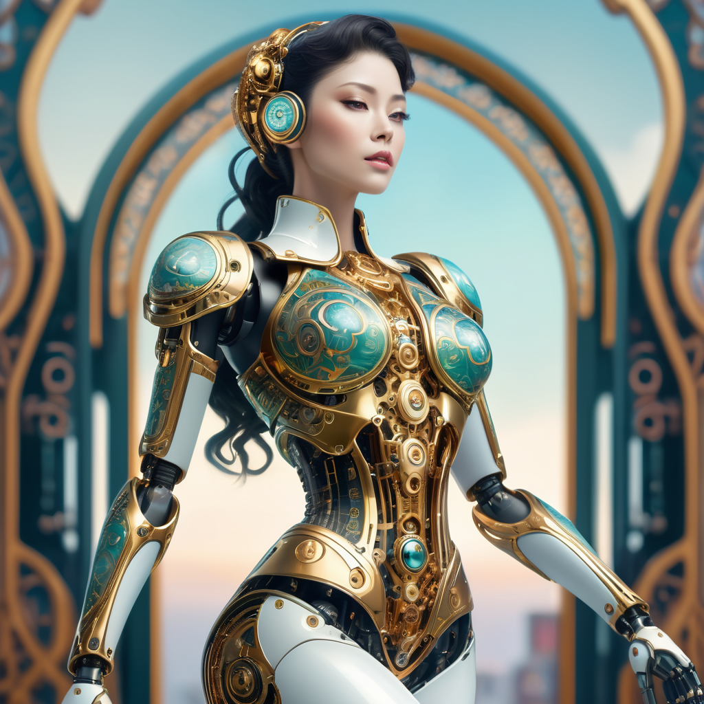 A female robot with an art Nouveau cyberpunk aesthetic, body is made from a delicate mechanical ornamental exterior reminiscent of a delicate gleaming porcelain and gold trimmed filigree should reveal a hollow see through body, hyper-surrealistic detailed 3d rendering digital art style, background galaxy sky