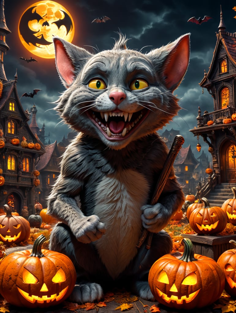 Tom & Jerry, cartoon, horror scene,Halloween style, vivid saturated colors, highly detailed, high contrast