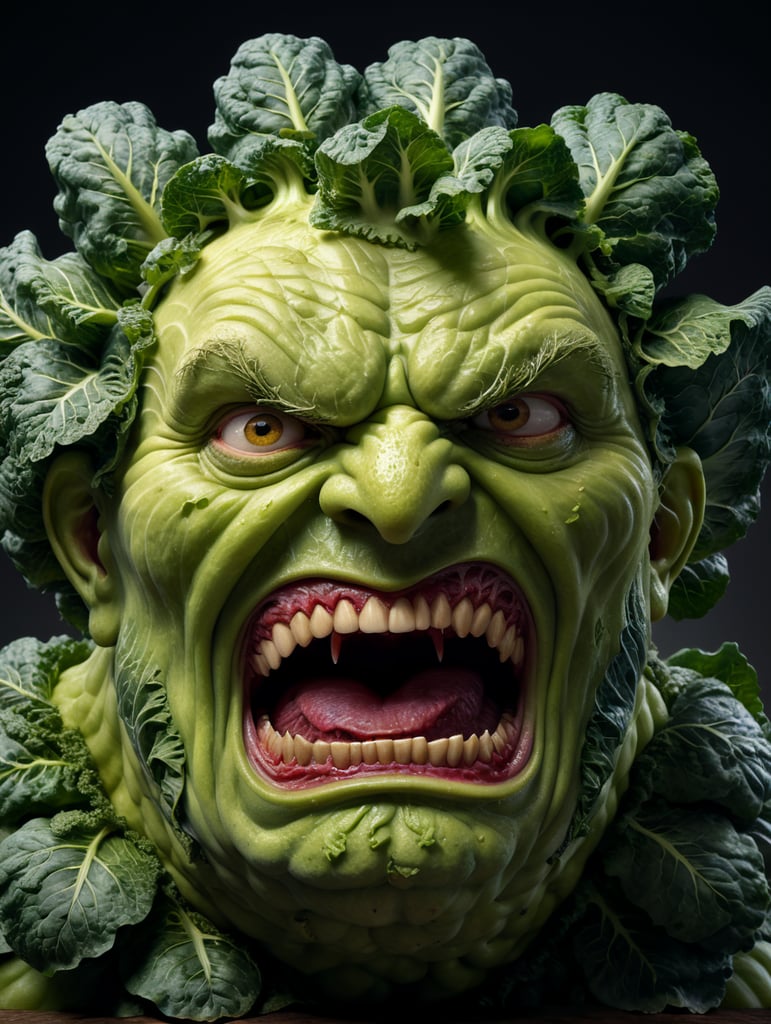 anthropomorphic evil cabbage with a huge head screams loudly, comic style, high resolution, hyperdetalization, photorealistic, high resolution