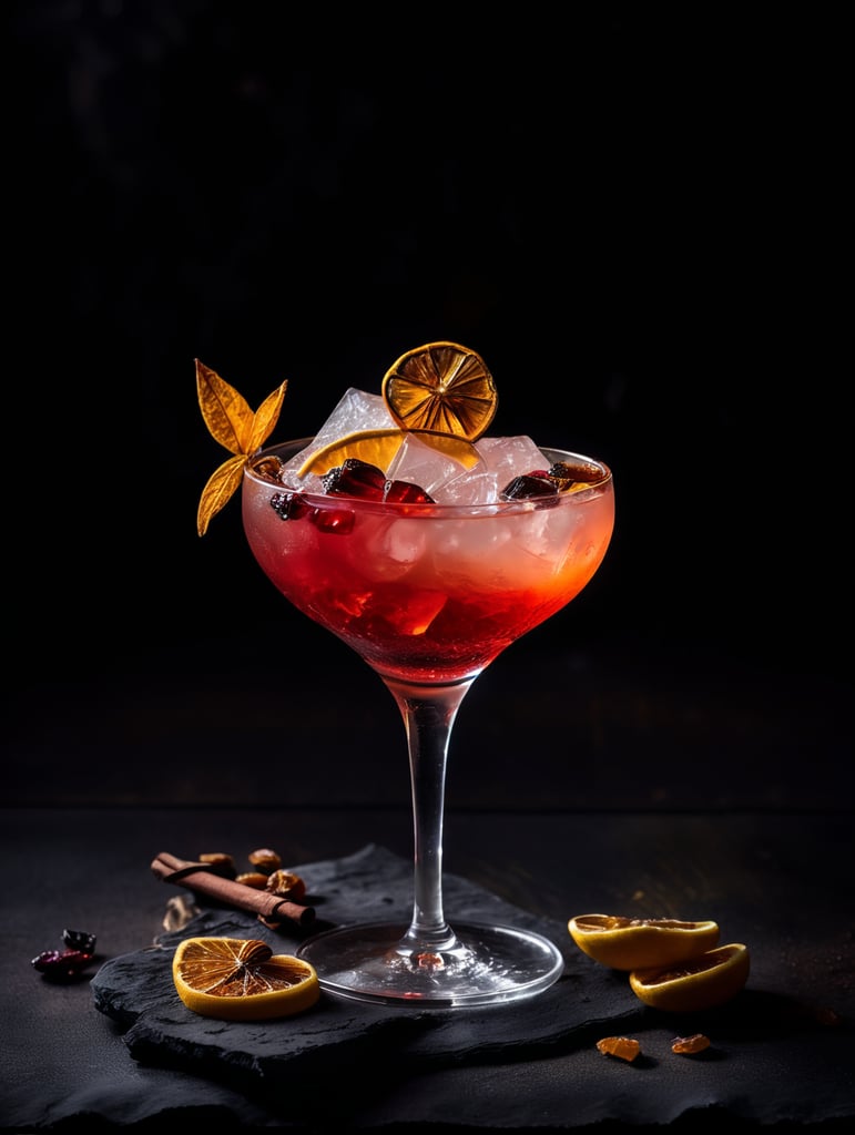 Gin cocktail with dried fruit slices, mood lighting
