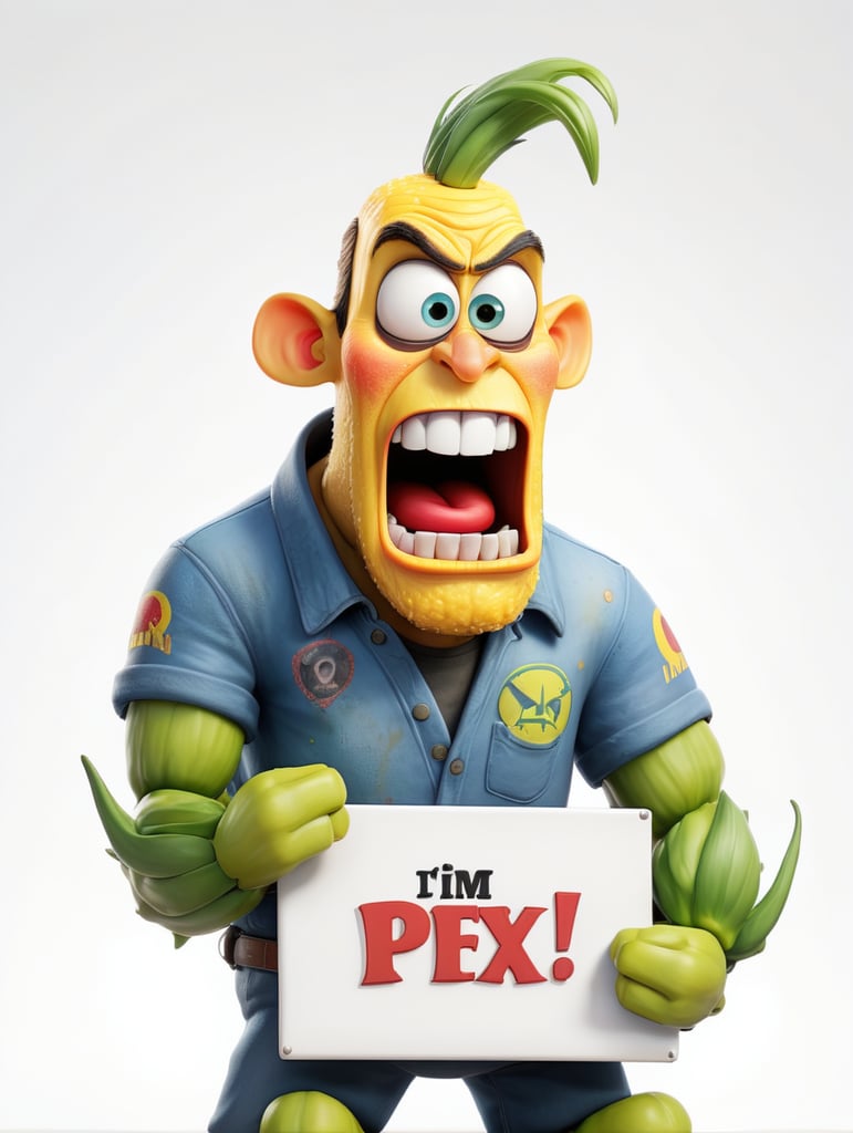 a realistic angry Genetically modified corn holding a sign "I'm sick!", WHITE background