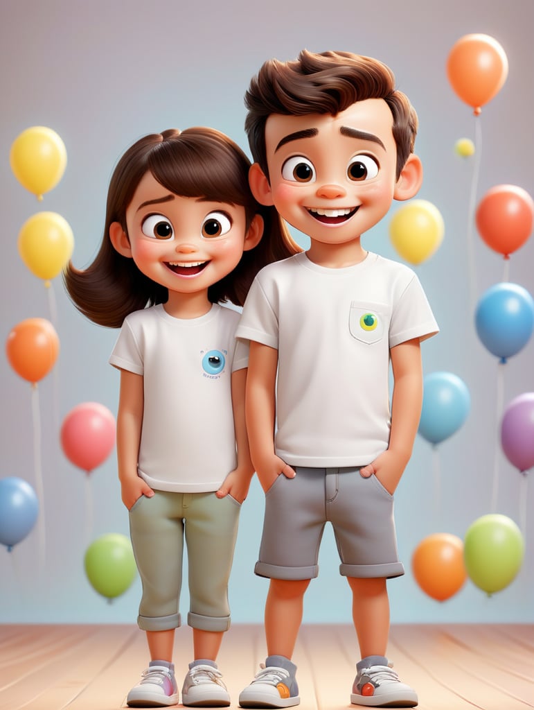 a Little boy and girl wearing white t-shirts, standing in front of ping background, blank shirts no print, 3 years old smiling toddlers, photo for apparel mock-up