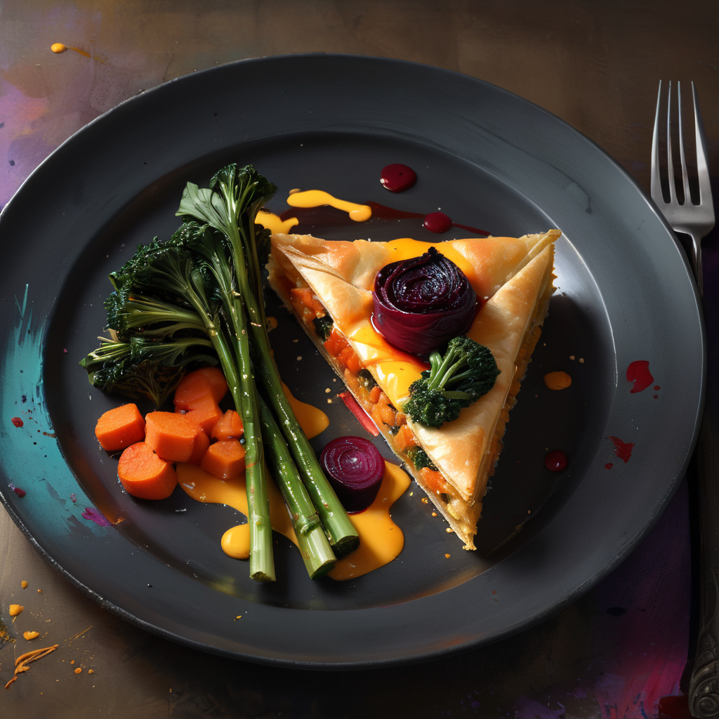 Golden Crusted Filo Pastry stuffed with roasted seasonal vegetables & served with roasted beetroots, creamy carrot puree & charred broccolini!