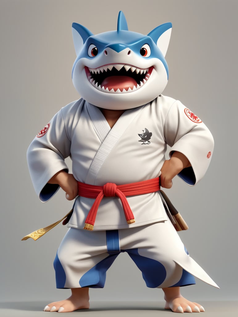 humanoid cartoon shark in judo kimono stay in action pose and angry face