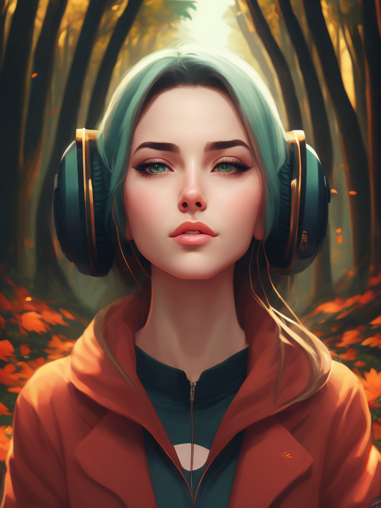 Beautiful girl listening to relaxing music with her headphones that takes her to a surreal forest, art by ilya kuvshinov and wlop, intricate, sharp focus, trending on artstation