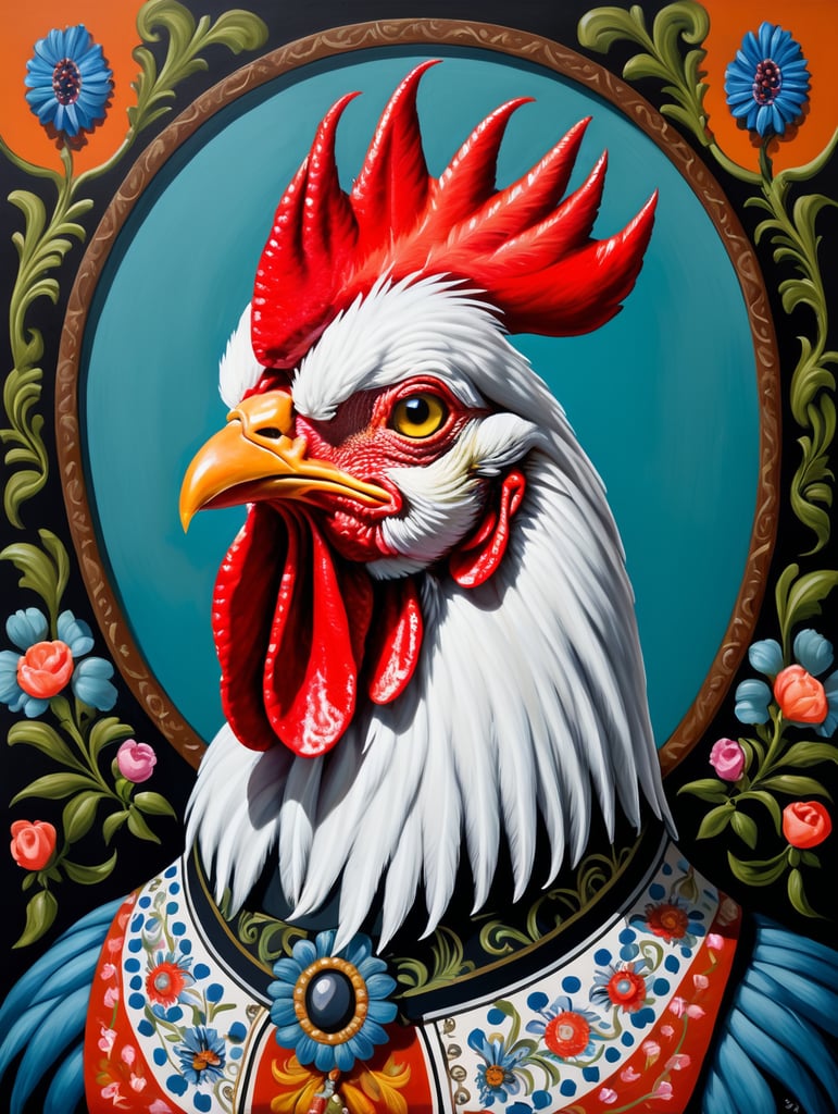 a rooster, style of Catherine Nolin, Painting, Acrylic, Oil, Portrait, Interior, USA