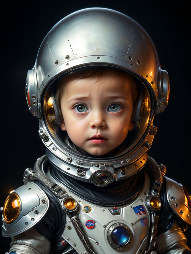 a child in a space suit with a surprised look on his face