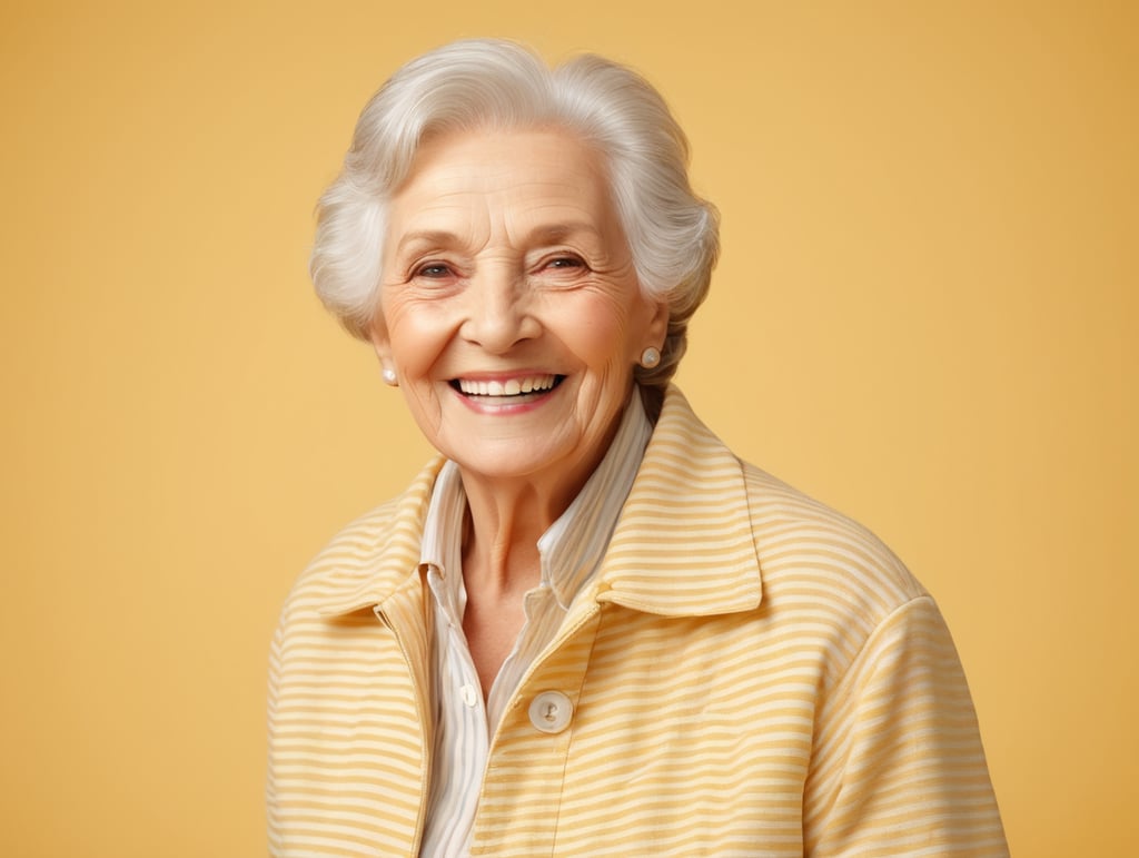 Smiling and cheerful old lady in a striped jacket on an isolated yellow background