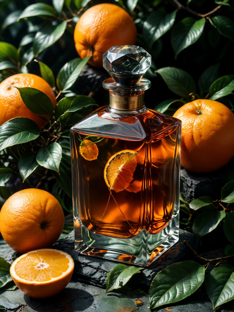 professional photography of a luxury perfume, orange fruits around, orange forest, green satin scarf, no label, clear, mockup