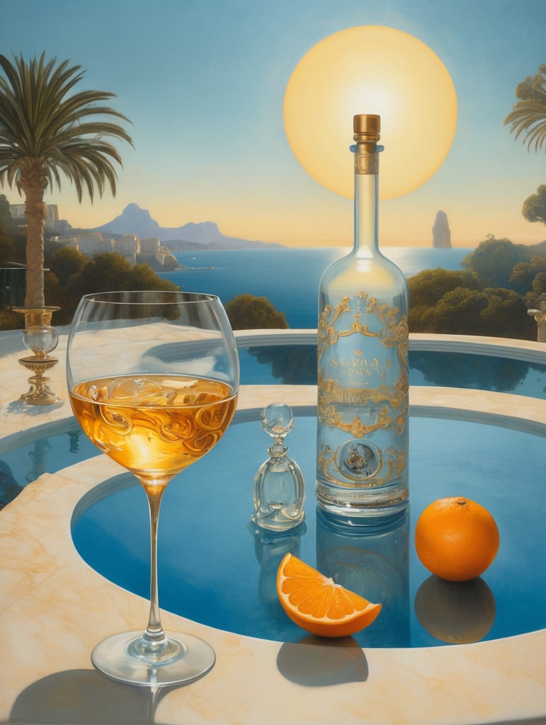 Create an oil painting in a surrealistic style inspired by Michael Parkes, featuring a whisky glass and a whisky bottle standing next to it, along with a sliced tangerine, sparkling in the sun. The setting is a deserted large swimming pool with sparkling water, located at the seaside on a terrace of a villa in Monaco. Include only the bottle, glass, and tangerine, with a background in pale blue and gold colors, incorporating Salvador Dali style and Gustav Klimt ornaments. The painting should be very high resolution and very realistic