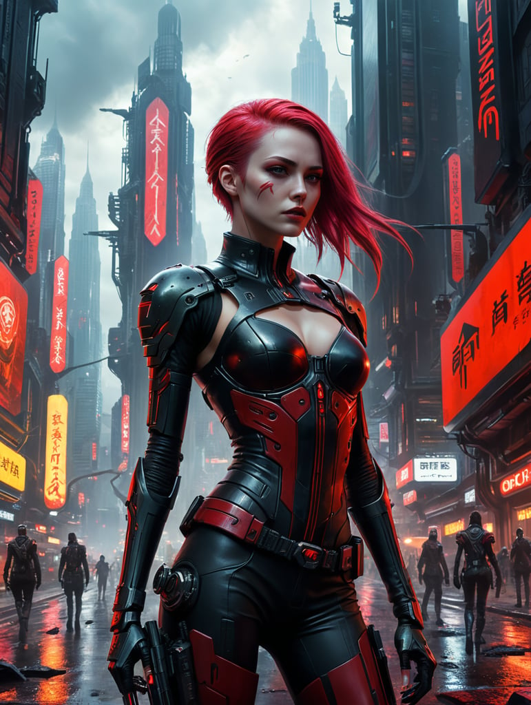 art by Little Dinkus, slender cyberpunk beauty gothic colors, black and red, delirium context, fever pitch action, lone girl on chaotic sci-fi city streets, post- mortem