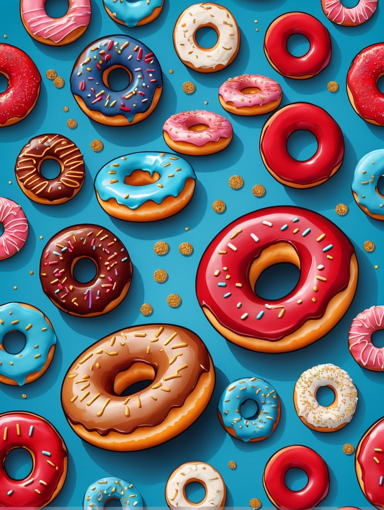 Donut Doodle Image, blue background, red donut, glazed, melted gold, vector, free download