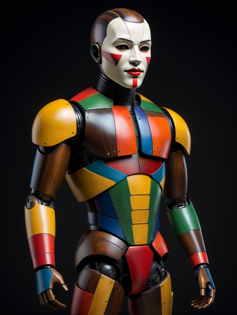 Studio photography of a wood male doll,full body, with an minimal colorful mask, inspired in triadic ballet, bauhaus school style