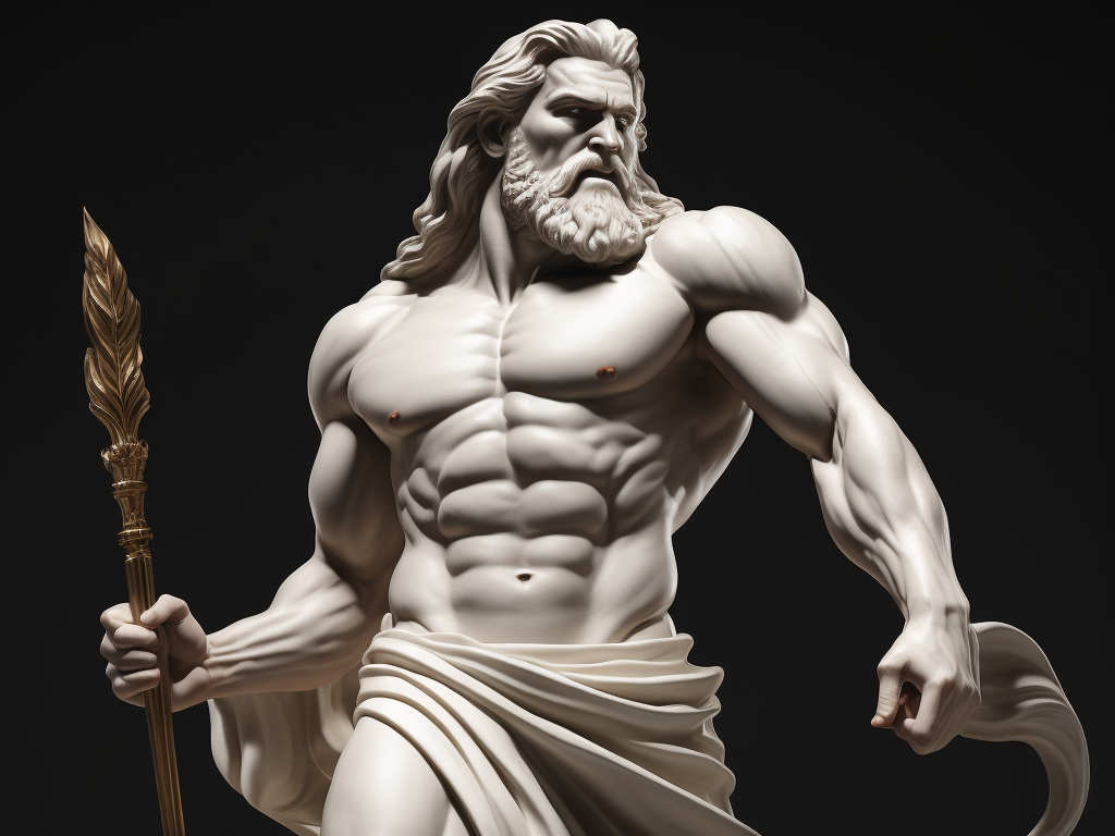 A realistic portrait white greek marble statue of a zeus, black background, angry, photorealistic, movie scene, super detailed, hyperrealistic, full body, rage face, no hands