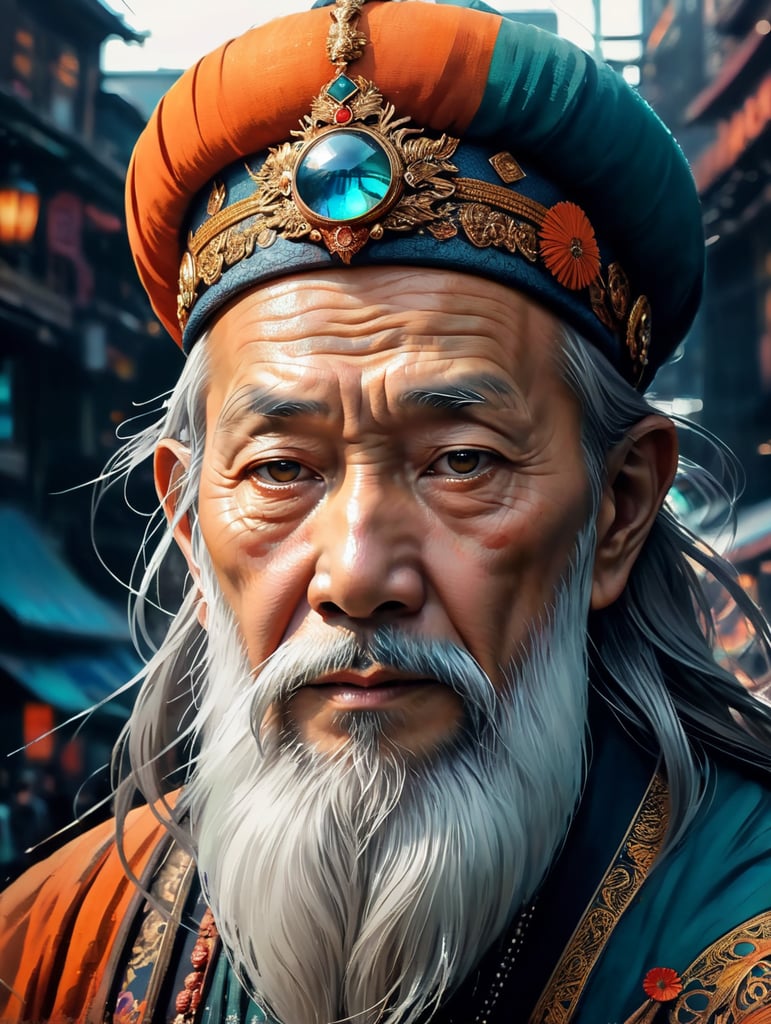 Wise old japanese man from tokyo with a long white beard, intricate, sharp focus, fantasy, cinematic lighting, other worldy, surreal 8k photo, dark moody aesthetic