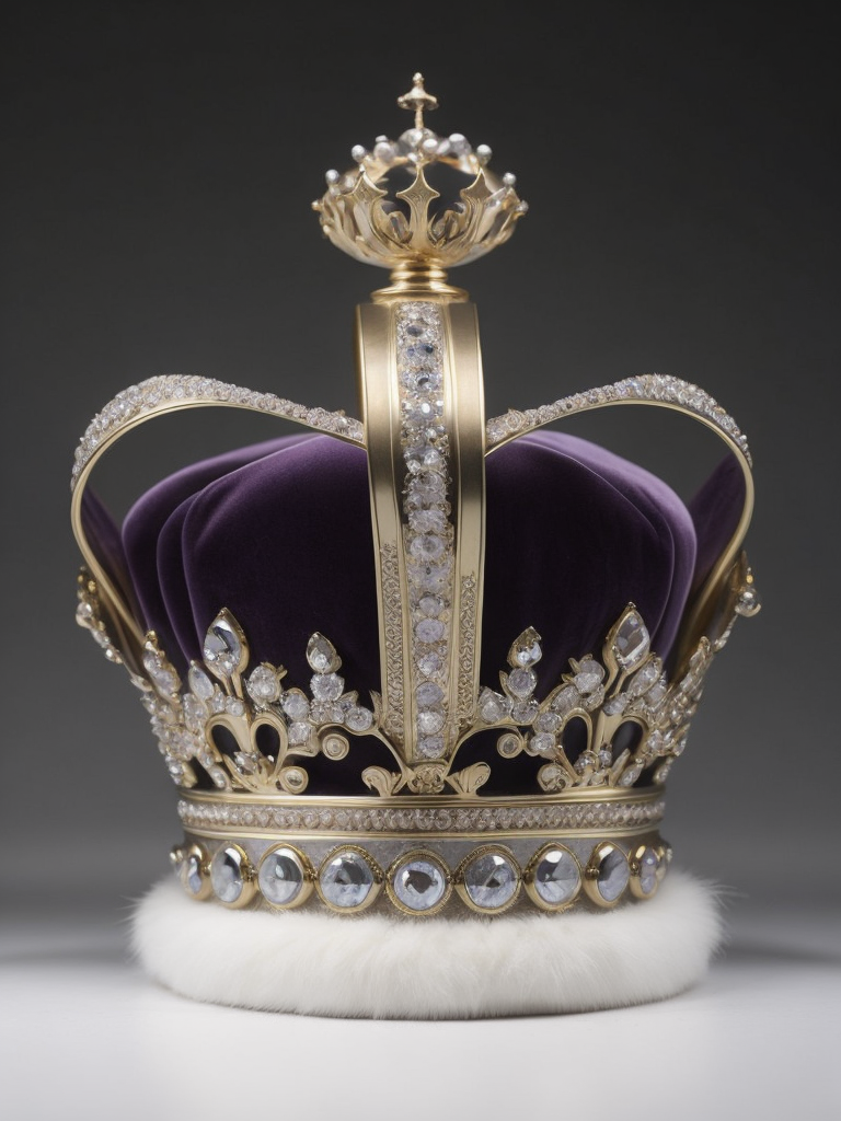 St. Edward’s Gold Crown adorned with gems, Purple velvet, White fox fur, Gray gradient background, Incredibly high detail, deep & bright colors, contrast light