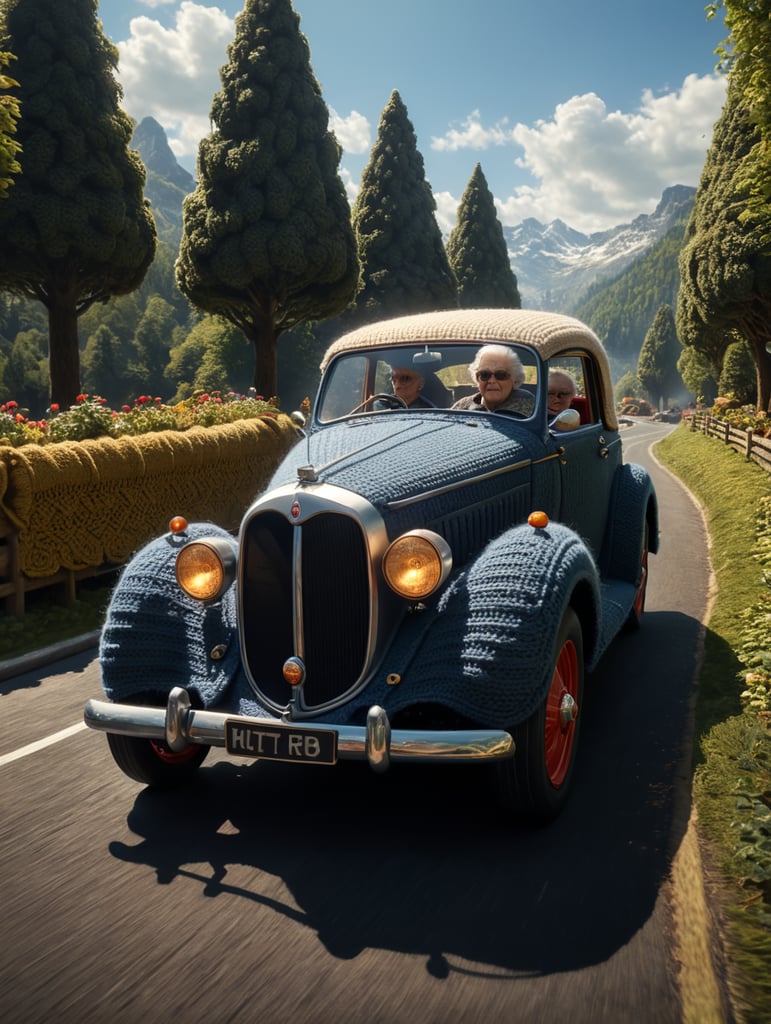 granny driving a knitted car, outdoors, sunny weather, highly detailed