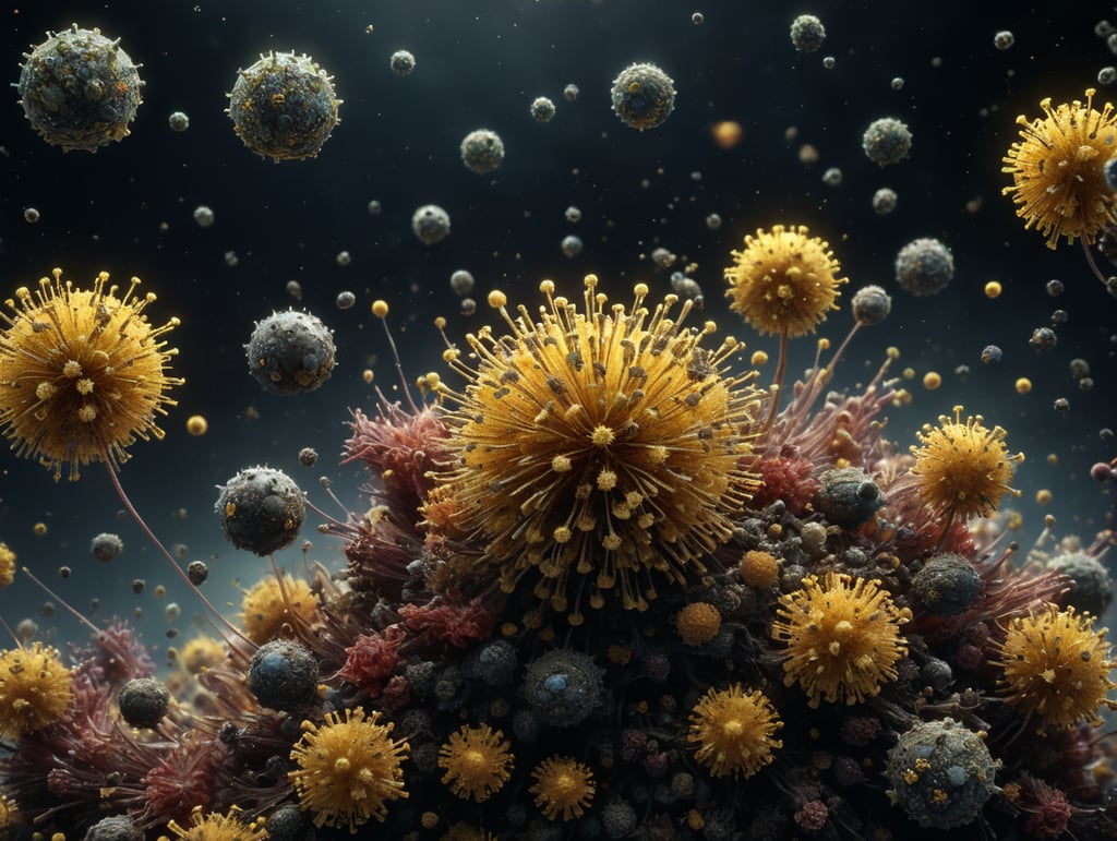 view of several small airy microscopic particles floating in the air such as viruses, pollen and bacteria