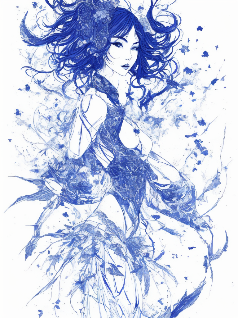 Ball point pen Ink drawing of japanese female beauty, blue indigo pen, captured in dynamic, full body, Peter Draws, digital illustration, comic style, Dong Son drum patterns background, black and white contrast.perfect anatomy, centered, dynamic, highly detailed, watercolor painting, artstation, concept art, smooth, sharp focus, illustration, art by Carne Griffiths and Wadim Kashin ,