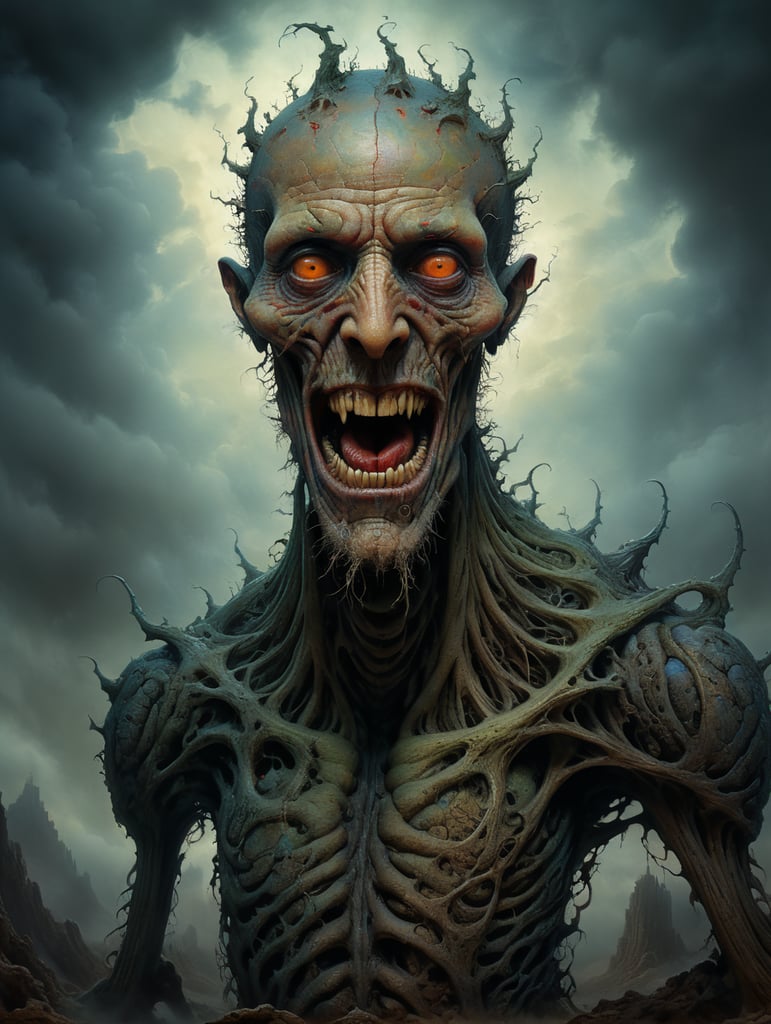 Distorted, nightmarish portrait of a figure with elongated limbs and contorted features, rendered in the distinctive style of Beksinski.