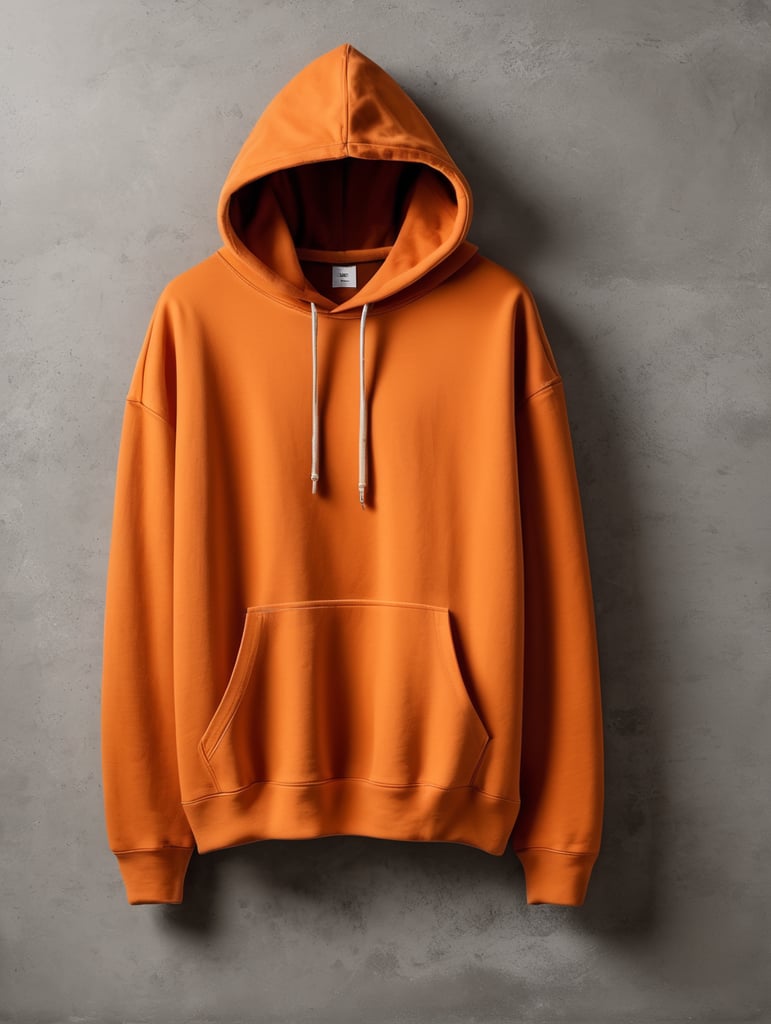 drop shoulder orange vintage washed hoodie without drawstrings blank mockup, laying on a concrete floor