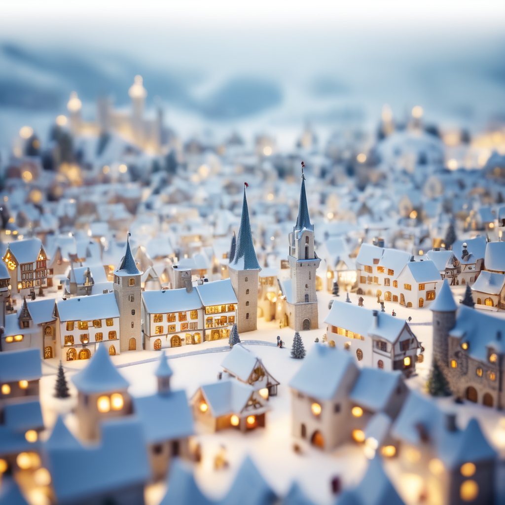 tilt shift photography of a Christmas medieval fantasy miniature city, depth of view, sunny, at night, snowy weather