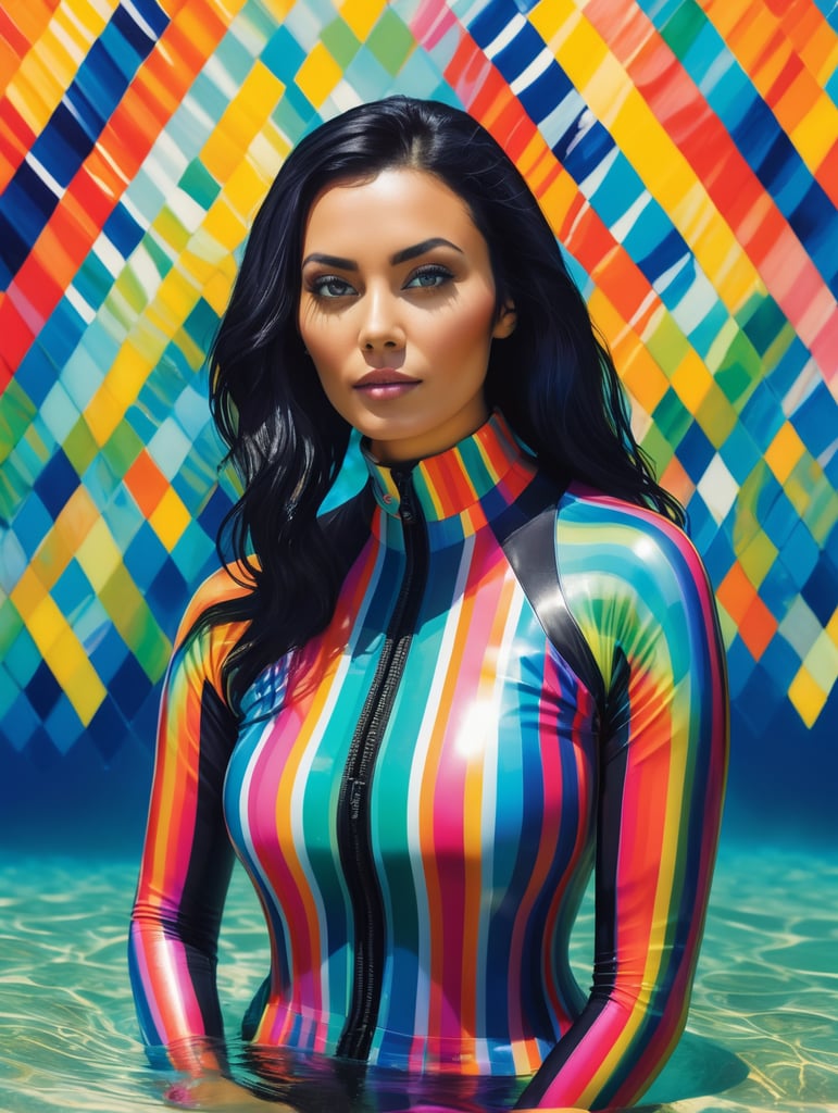 Portrait of a woman with black hair wearing a brightly patterned wet suit, underwater, colorful sea life, Vivid saturated colors, Contrast color, style of Yaacov Agam,
