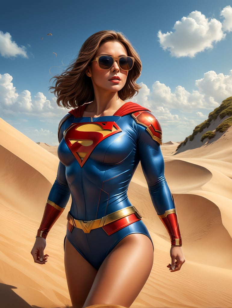 Superwoman ANNA, with brown hair, wearing big square sunglasses. Big letter A on breast. Levitating over sand dunes. Headline in big letters ANNA. A poster in comicbook style