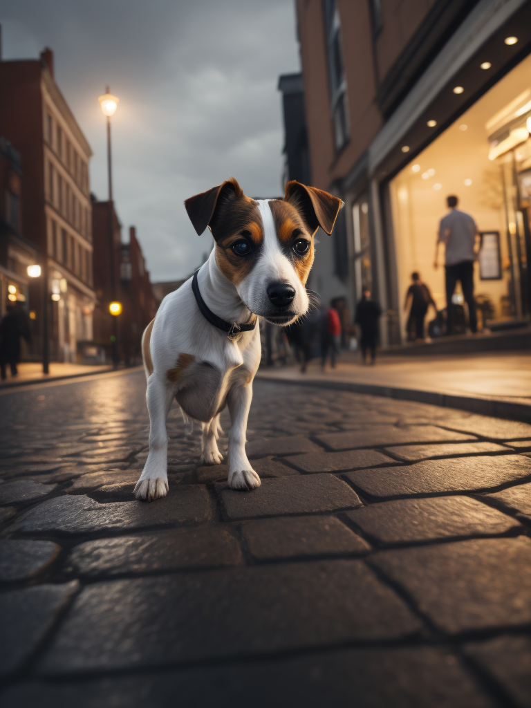 jack russell on a crowded sidewalk
