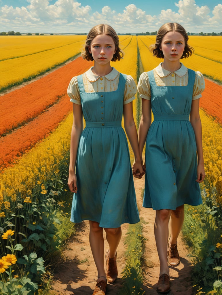 Vintage portrait of two girls wearing a simple dress in a yellow field, clear blue sky, complementary colors, Wes Anderson style, Incredibly high detail, Muted colors, turquoise color, orange color, red color
