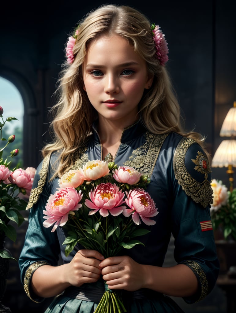 American girl in national dress of the 20th century with a bouquet of peonies in her hands. the girl has blond hair