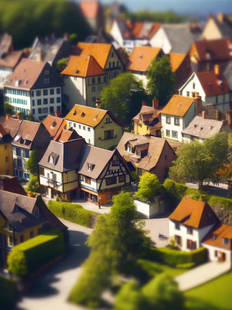 tilt shift photography of small german village, depth of view, sunny, stunning architecture
