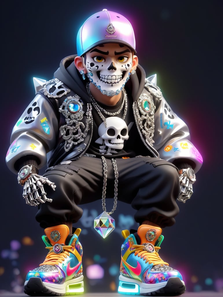 3d model unreal engine render of a full body portrait shot of VVS Diamond Covered with Diamond Cluster Gamer Skeleton character as a shiny metal roman sculpture playing video games covered in bright graffiti, wearing high fashion Clothing and Nike Air Max 1 '86 OG "Doernbecher" Shoes, big diamond chain, big diamond teeth, urban street wear. reflective perfect black studio Lighting with bright rim light high contrast ultra sharp