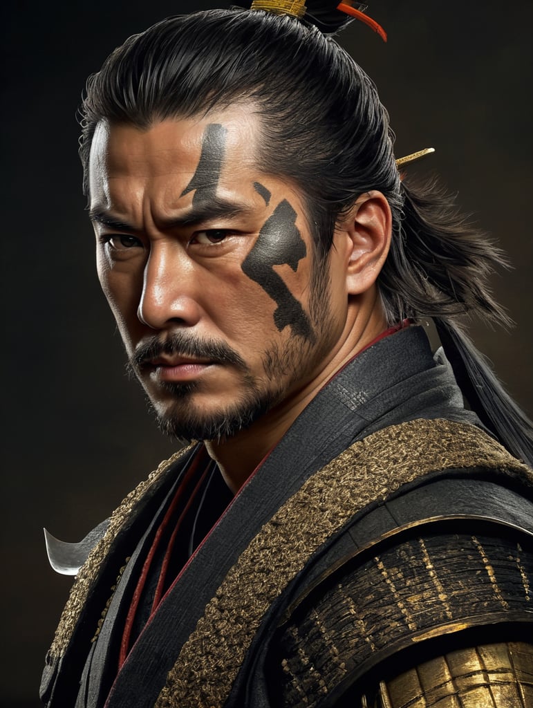 Portrait of a Samurai with a scar on his face, a very serious expression, classic Japanese painting style