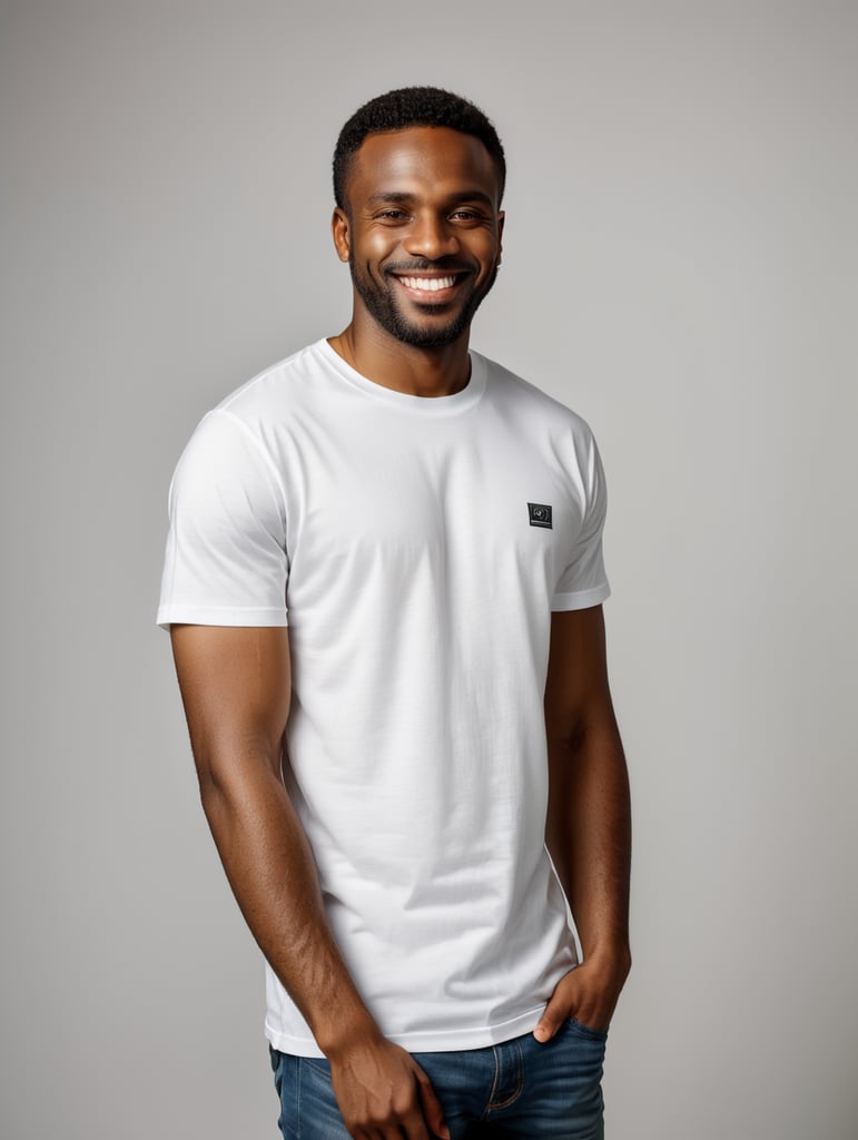 a black African man wearing white t-shirts, standing in front of black background, blank shirt no print, smiling, photo for apparel mock-up