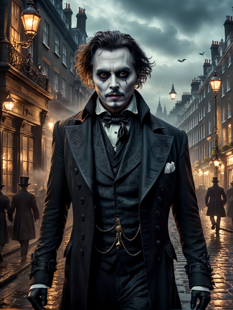 By Tim Burton, spooky Halloween eve, Johnny Depp embodying a grotesque Victorian gentleman ghost, haunted London streets, surreal horror, Halloween charm, cinematic photography, action shoot, movement, epic, high definition