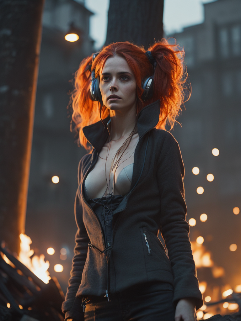 red-haired gamer witch with headphones on a large fire, tied to a pole with yeezys on feet