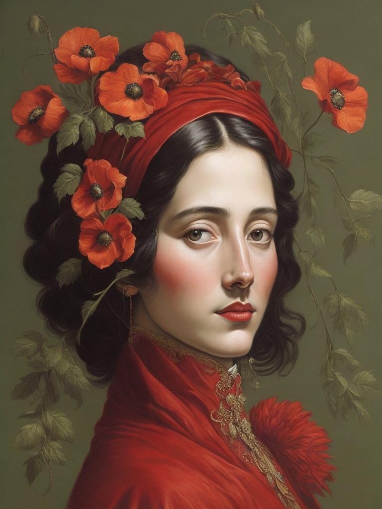 Giuseppe Scuderi, ultra-fine detailed painting of a woman with an opium poppy flower in her hair, a whimsical, detailed painting.