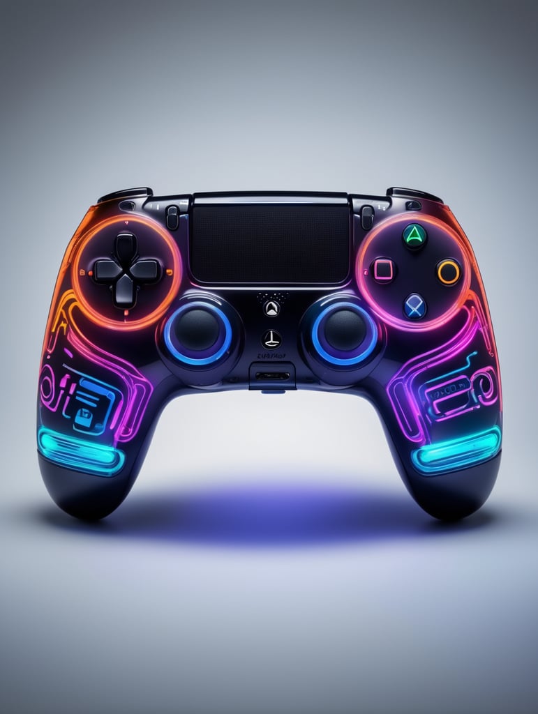 Design a futuristic, neon-colored gaming controller in the style of a playstation controller, glowing neon, semitransparent, deep vibrant colors, high details