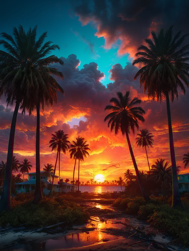 Florida sunsets and palm trees on fire, neon vibrant colors,