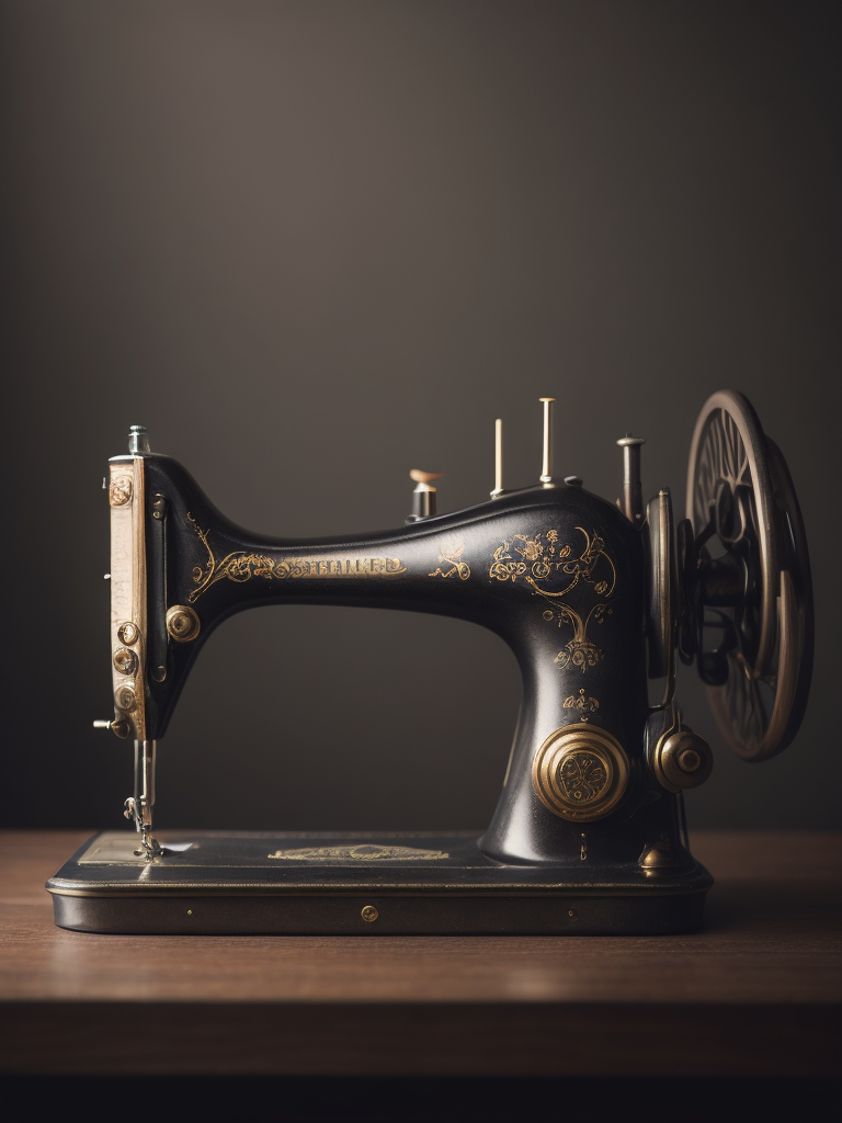 Vintage sewing machine, sharp focus, highly detailed, Dark gradient background, Muted colors