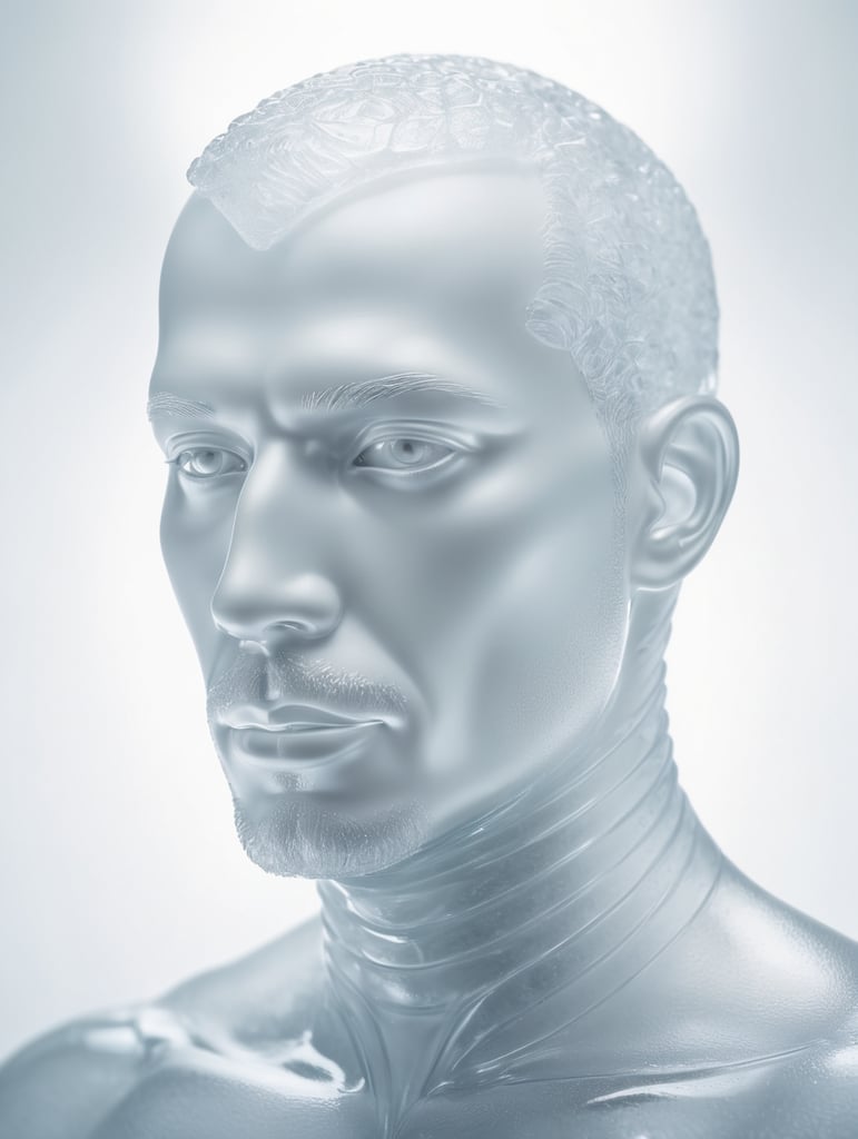 Portrait of a Translucent man made from the ice, organs are visible through the ice