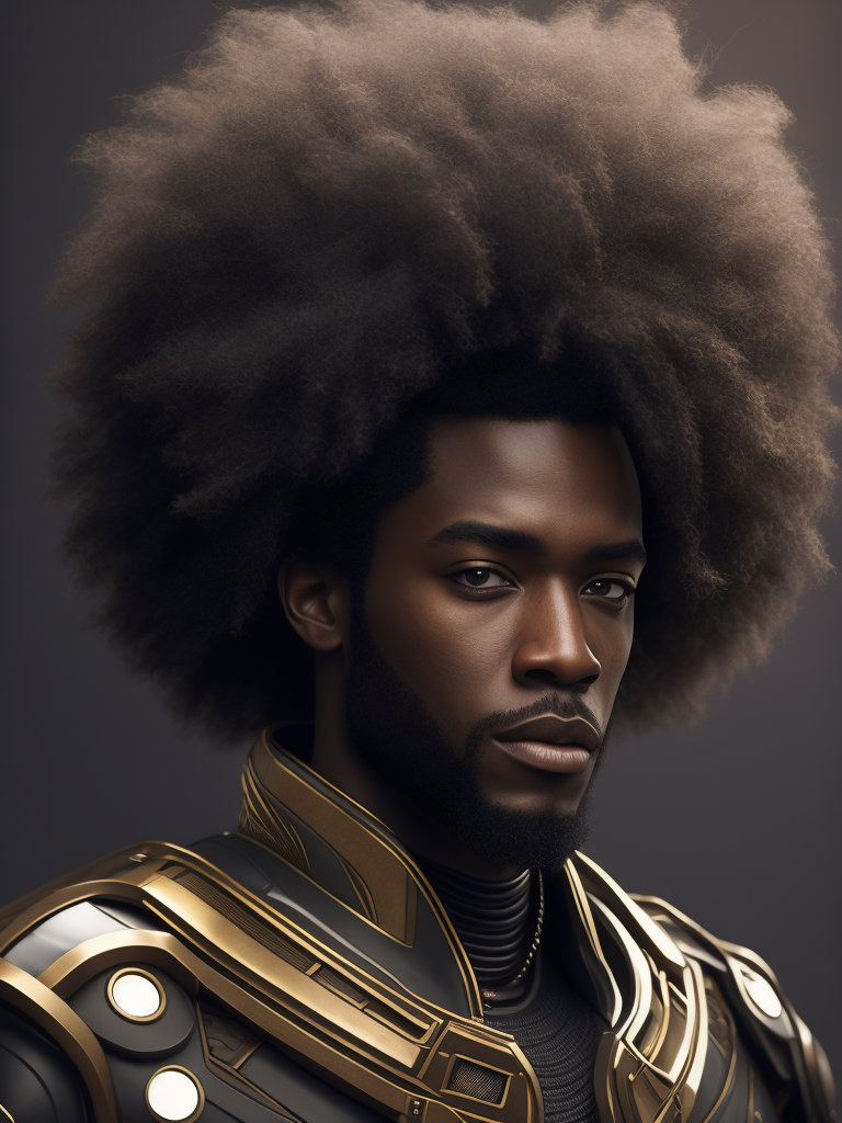 portrait of a male character, afro, with futuristic touches and that is an African god
