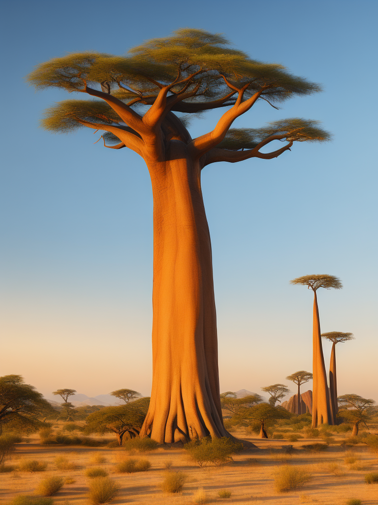 Baobab tree, savanna, sunset, high detail