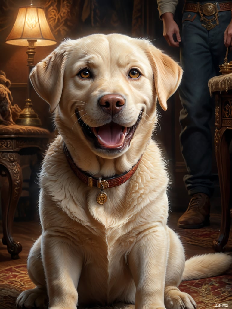 Labrador boy named Tony, light wool, smiling, Disney poster