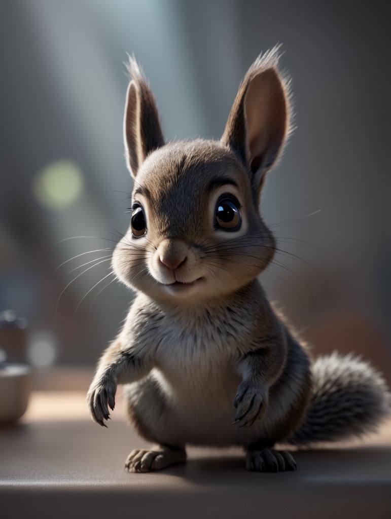 Little squirrel sitting watching television , cute pixar character, digital painting, studio lighting, creative, big eyes, small nose, standing centered, 3D style, rendered using beautiful Disney animation, Pixar style, Disney style