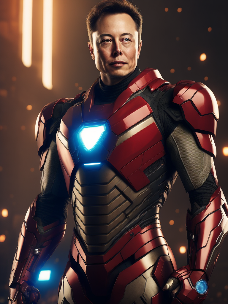 Elon Musk in the Iron Man suit from the Marvel Universe, Full body, high definition, photography, cinematic, detailed character portrait, detailed and intricate environment, Bright red color