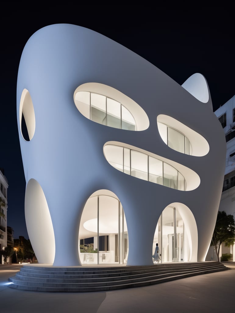 at night, white building with curved shapes in front, in the style of the stars art group (xing xing), women designers, eclectic curatorial style, sculptural costumes, concrete, urban influences, flowing fabrics