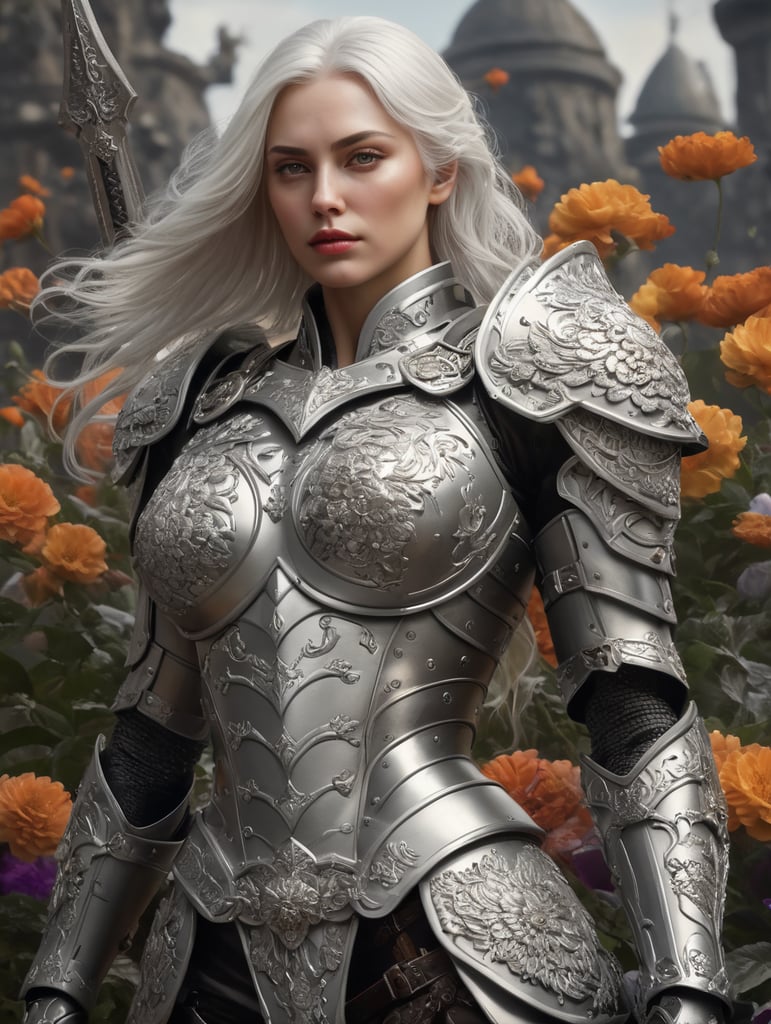 Beautiful white woman + warrior + white hair + grey eye + armor engraved with flowers